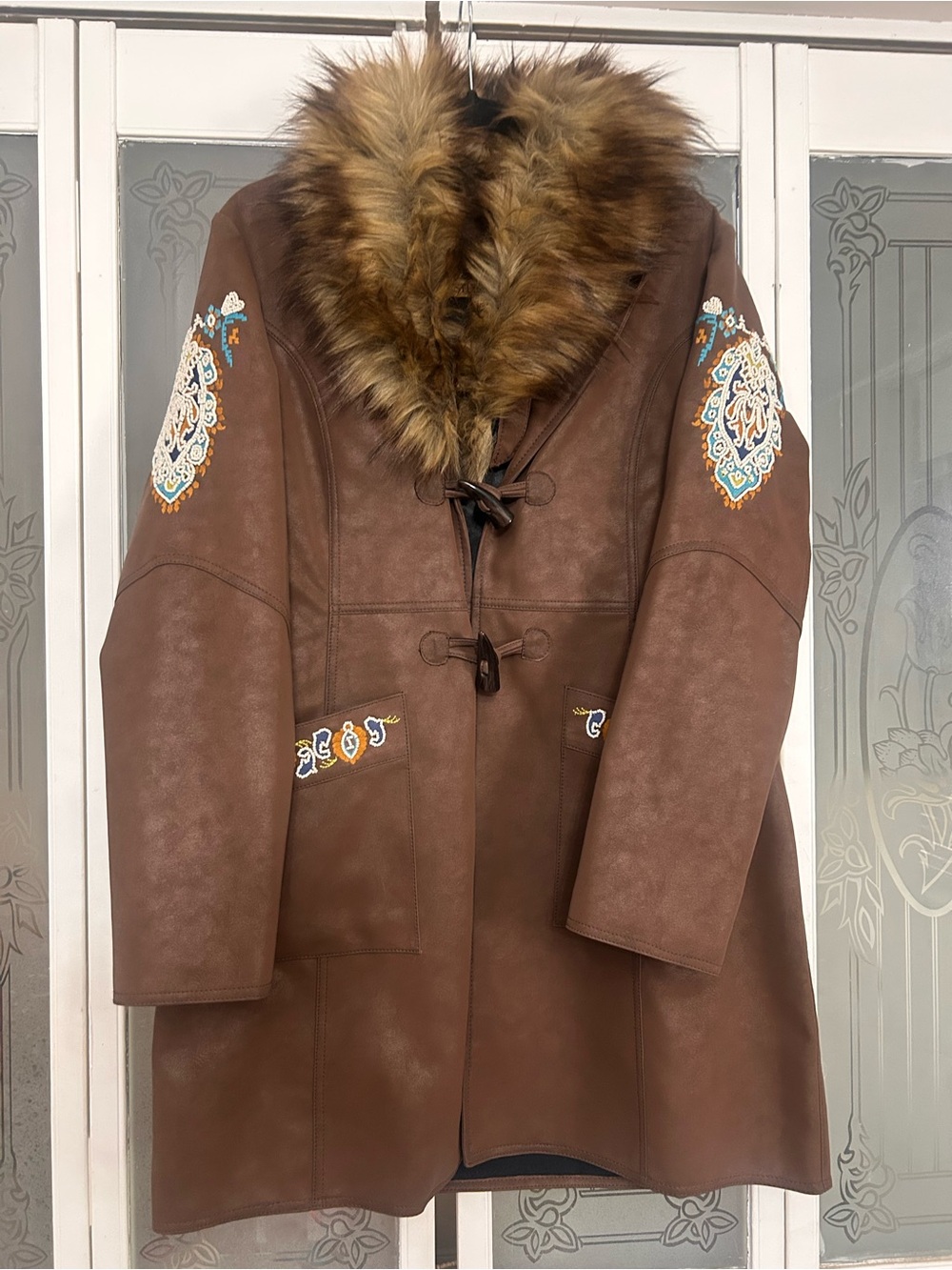 Shyanne Western vegan leather beaded faux fur coat Meduim